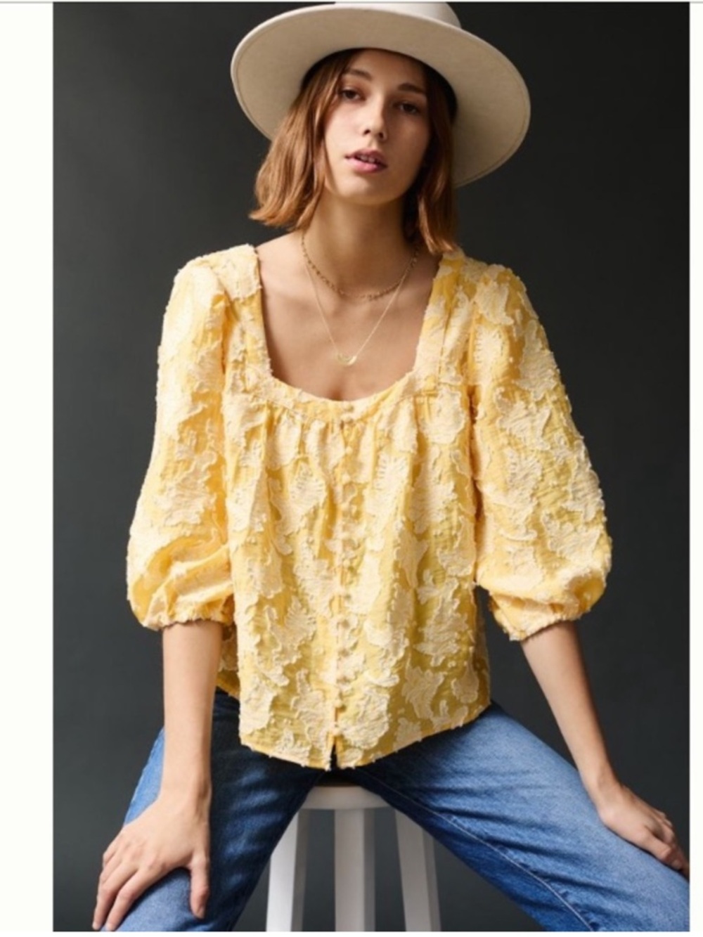 Anthropologie Yvonne Yellow Textured Square Neck Blouse Top Shirt Size Large 708